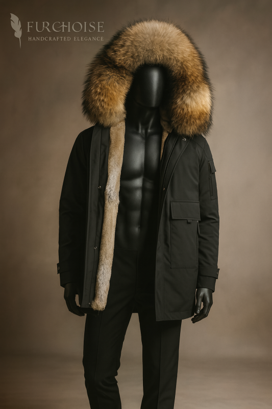 men's fur hood parka, black parka with real fur hood, luxury winter coat men, real fox fur parka men , men's fur hood parka, black parka with real fur hood, luxury winter coat men, real fox fur parka men, custom fur coat, SAGA certified fox fur, handcrafted winter jacket