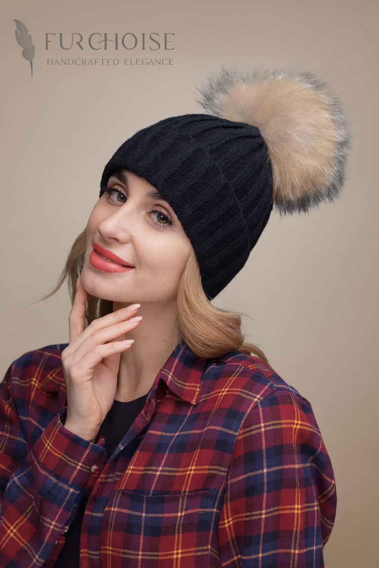 Women's Beige Real Fox Fur Vest | Custom Made 16 Women's Black Fox Fur Pom Pom Hat, Handcrafted Fur Beanie, SAGA Certified Fox Fur Hat, real fox fur hat, women's fur pom pom beanie, black fur pom pom hat, winter hat with fur pom, luxury fur beanie, custom made fur hat