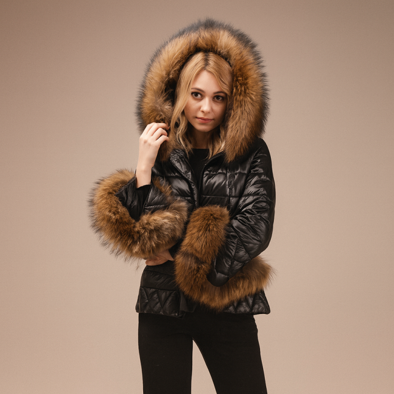 Women's Beige Real Fox Fur Vest | Custom Made 18 Women's Black Down Coat with Fur Hood | Custom