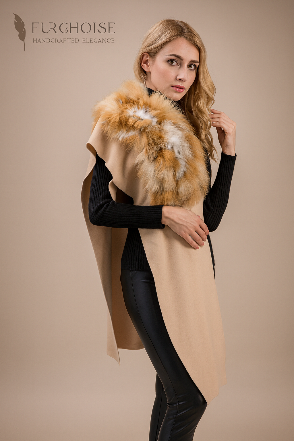 women's camel fox fur stole_ cashmere fur wrap, red fox fur collar_ real fur stole for women_ luxury wool wrap with fur_ SAGA certified fur_ custom handcrafted stole_camel cashmere and fox fur cape 1 Women's Red Fox Fur & Cashmere Wrap | Custom Made