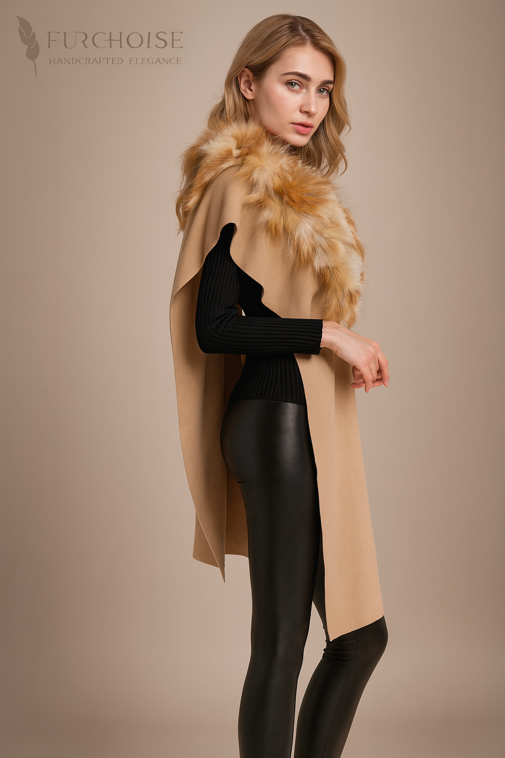 women's camel fox fur stole_ cashmere fur wrap, red fox fur collar_ real fur stole for women_ luxury wool wrap with fur_ SAGA certified fur_ custom handcrafted stole_camel cashmere and fox fur cape Women's Red Fox Fur & Cashmere Wrap | Custom Made