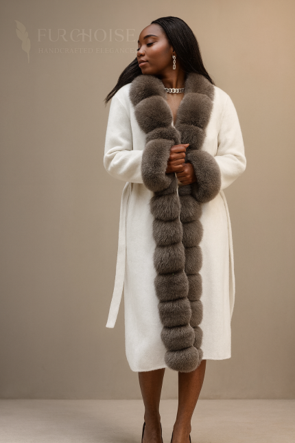 Women's Cashmere Coat with Fur, Real Fox Fur Trim Coat, Long Wool Coat Women, Double-Sided Cashmere Coat, Ivory Winter Coat, SAGA Fox Fur Cuffs, Luxury Outerwear Women, Belted Wool Coat, Custom made cashmere coat with fur collar, elegant cream coat for winter wedding, warm wool coat with fox fur trim, Furchoise handcrafted coat, taupe fox fur trim, double-faced wool fabric, ladies formal winter coat, bespoke luxury outerwear