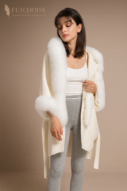 Women's Cashmere Cape with Fur, White Fox Fur Poncho, Irregular Hem Coat, Double-Faced Coat, Luxury Asymmetric Outerwear, Custom Fit Wool Cape, SAGA Fox Fur Wrap, Belted Cashmere Coat, Custom made white fox fur poncho, elegant asymmetric cashmere coat, Women's winter cape with fur trim, Furchoise handcrafted cape, asymmetric cashmere wrap, white fox fur trim, fluid silhouette coat, winter ivory cape.