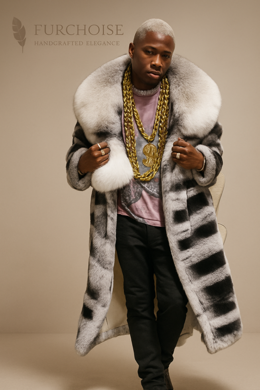 Men's Chinchilla Rex Rabbit fur coat, Silver Fox fur collar coat men, luxury mens winter coat grey, oversized fur lapel, custom made fur coat men, Furchoise handcrafted fur, Chinchilla print fur coat, high fashion men's fur.