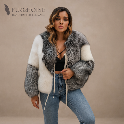 Women's Fox Fur Jacket, Multi-Color Fur Bomber, Luxury Short Fur Coat, Genuine Silver Fox Fur, Cropped Fox Fur Jacket, Block Color Fur Coat, High-Quality Fox Fur, Voluminous Fur Sleeves, Designer tri-color fox fur jacket, Custom SAGA silver fox fur bomber, Warmest short luxury fur coat, Furchoise handcrafted, statement outerwear, tri-color fox jacket, bespoke fur coat.