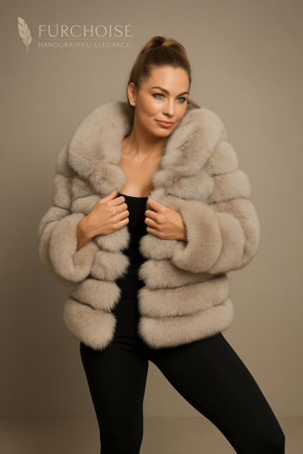 Silver Fox Fur Jacket with Hood, Women's Real Fur Hooded Coat, Short Fox Fur Bomber, Grey Fur Jacket, Luxury Winter Coat Women, SAGA Fox Fur Hoodie, Genuine Fur Parka Short, Tiered Fox Fur Coat, Custom made silver grey fox fur jacket, Warmest winter jacket for women real fur, Ladies hooded fur bomber zipper, Fluffy grey fur coat with hood, horizontal paneling, thermal insulation, full pelt, oversized hood, après-ski wear, satin lining, handcrafted outerwear, Real fox fur coat women silver, hooded winter jacket luxury, short grey fur coat zipper