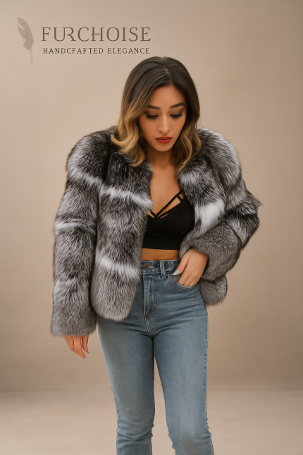 Women's Silver Fox Fur Jacket, Real Silver Fox Coat, Short Fox Fur Bomber, SAGA Silver Fox, Two-Tone Fur Jacket, Cropped Fur Coat Women, Luxury Winter Outerwear, Silver Fox with White Stripes
