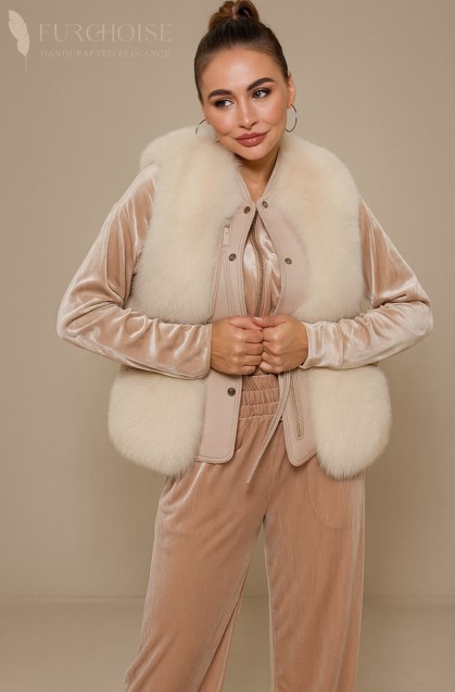 11 Women's Beige Real Fox Fur Vest | Custom Made