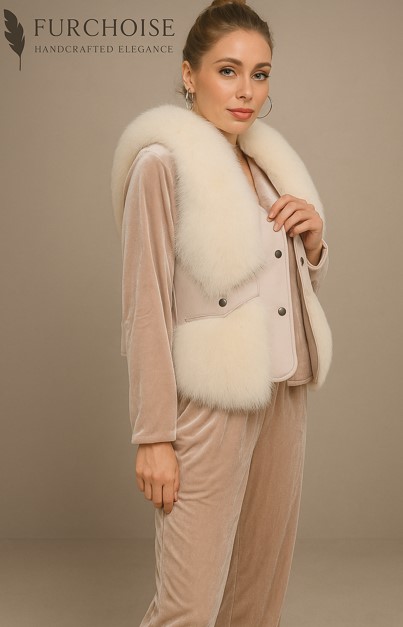 3 Women's Beige Real Fox Fur Vest | Custom Made