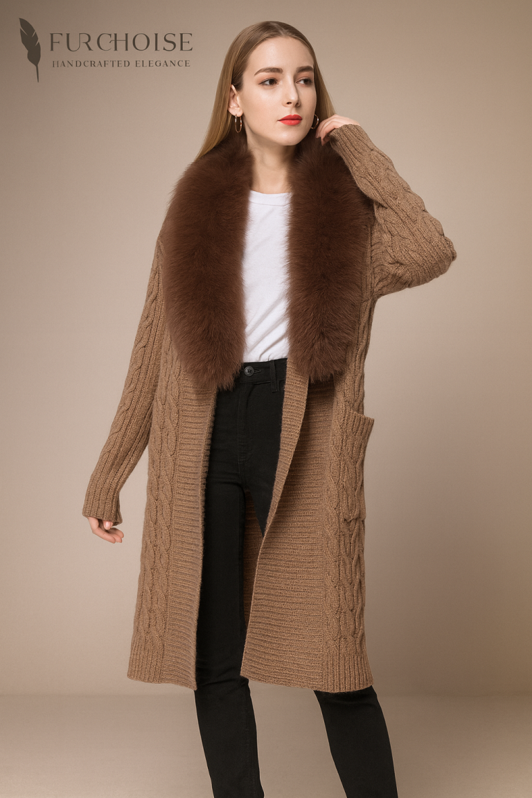 Women's Beige Real Fox Fur Vest | Custom Made 14 women's fur collar cardigan, brown fur collar cardigan, long knit cardigan with real fox fur, brown cable knit cardigan, oversize fur cardigan, women's cable knit cardigan, SAGA fox fur collar, cardigan with detachable fur collar, women's real fox fur cardigan, long cardigan with fur collar, brown wool cardigan
