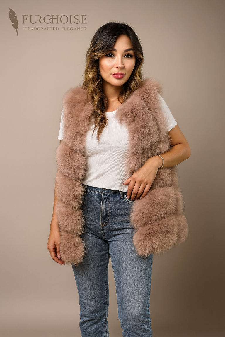 Women's Beige Real Fox Fur Vest | Custom Made 9 beige fox fur vest, real fox fur vest, women's fox fur vest, fox fur gilet, custom fox fur vest, saga fox fur vest, hooded fox fur vest, real fur gilet womens, luxury fur vest, sleeveless fur jacket, handcrafted fur vest