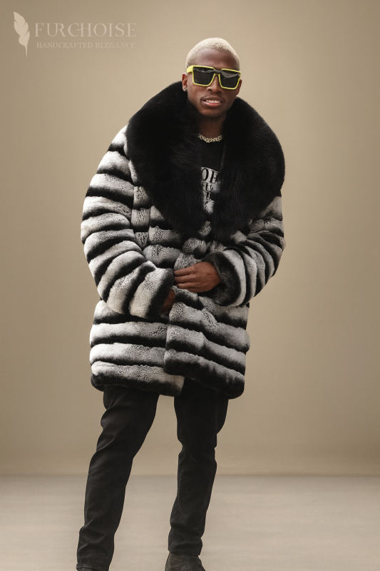 men's chinchilla fur coat, chinchilla fur coat for men, men's real fur coat, men's chinchilla rex rabbit coat, fur coat with fox collar, men's chinchilla jacket, black and white fur coat men, rex rabbit fur coat, men's luxury fur coat, real fur jacket men, fox collar coat men, striped fur coat