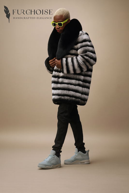 men's chinchilla fur coat, chinchilla fur coat for men, men's real fur coat, men's chinchilla rex rabbit coat, fur coat with fox collar, men's chinchilla jacket, black and white fur coat men, rex rabbit fur coat, men's luxury fur coat, real fur jacket men, fox collar coat men, striped fur coat