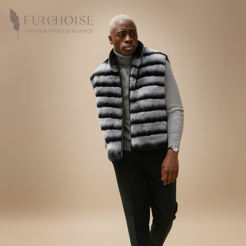 men's fur vest, chinchilla vest men, rex rabbit fur vest, men's fur gilet, real fur vest men, striped fur vest, chinchilla style vest, luxury fur vest men, designer fur vest men, zip up fur vest, black and grey fur vest, men's sleeveless fur jacket