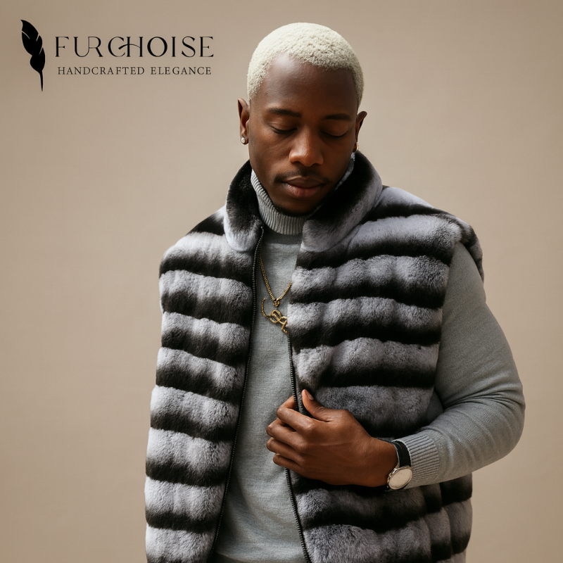 men's fur vest, chinchilla vest men, rex rabbit fur vest, men's fur gilet, real fur vest men, striped fur vest, chinchilla style vest, luxury fur vest men, designer fur vest men, zip up fur vest, black and grey fur vest, men's sleeveless fur jacket