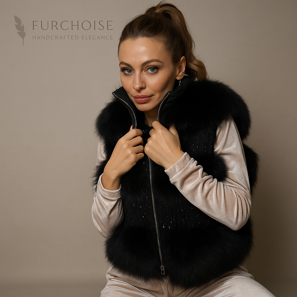 women's black fur vest, black fox fur gilet, fur and knit vest women, luxury fur vest with zip, black fur vest with sparkle, real fox fur gilet, sporty luxe fur vest, après-ski fur vest, women's fur body warmer, (1) Women's Black Fox Fur Vest with Cashmere | Custom Made