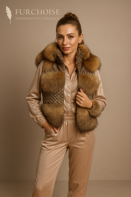 women's brown fur vest, raccoon fur gilet, fur and knit vest women, luxury brown fur vest, natural raccoon fur vest, real fur gilet women, après-ski fur vest, women's fur body warmer, cashmere and fur vest, designer fur gilet, cable knit fur vest